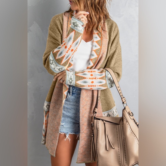 Geo Print Open Front Long Turtleneck Knitted Cardigan brown - Picture 7 of 11